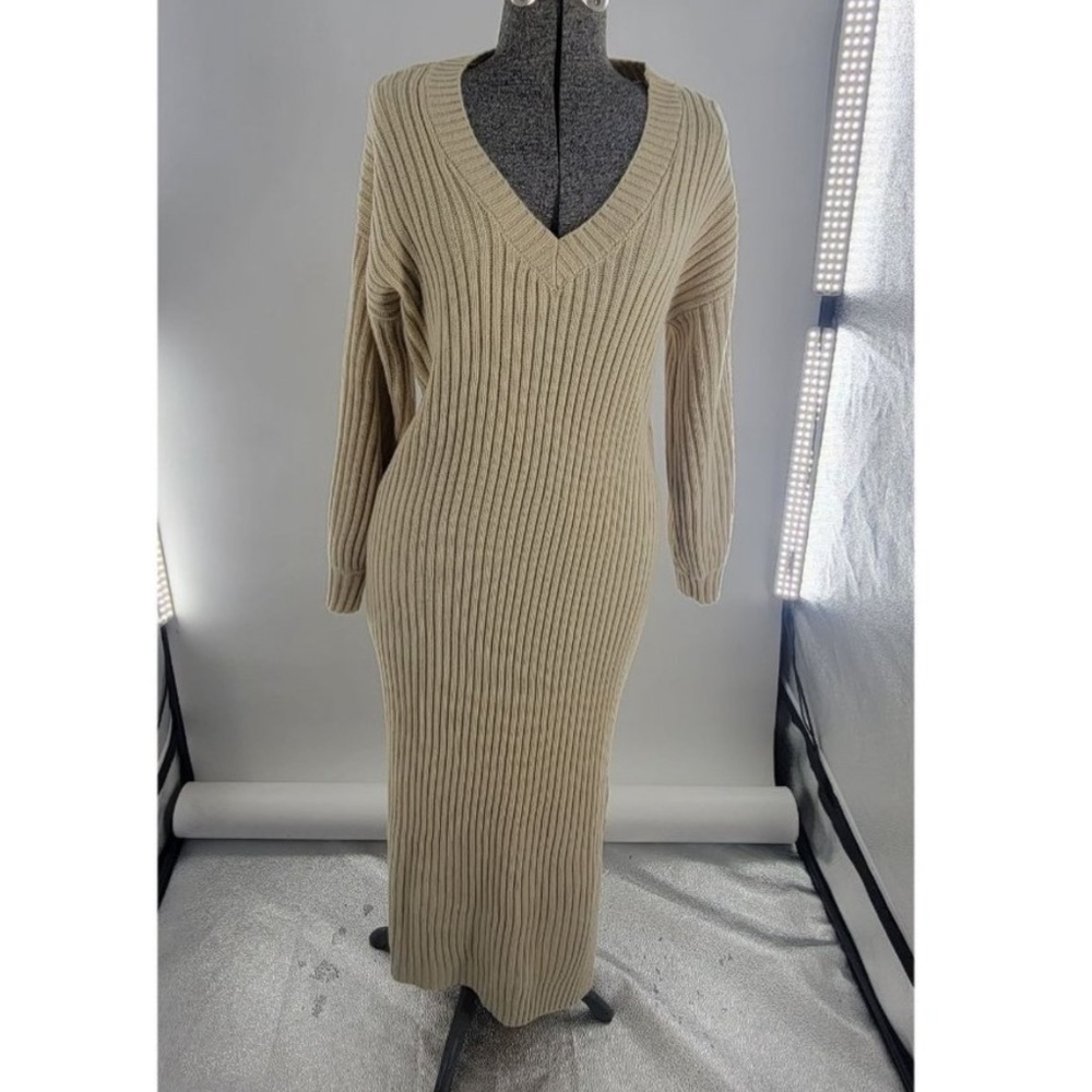 V-Neck Ribbed Midi Sweater Dress